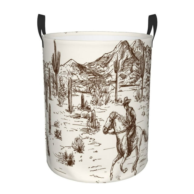 Fotbe Western Desert Cowboys3 Laundry Basket with Handles, Waterproof Large Laundry Hamper, Wash Bag for Corner Dorm, Rolling Laundry Basket with Handles-Small