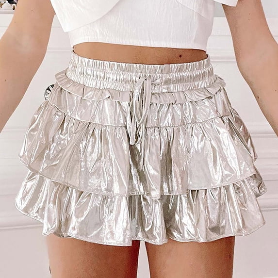 Womens Metallic Skirt Shiny Flared Pleated Skirt Layered Ruffle Hem Mini Skirt Rave Skirt Wrap around Skirts for Women Twin Bed Skirt Suede Skirt Smocked Skirt Swing Skirt Hoop Skirts for Girls plus