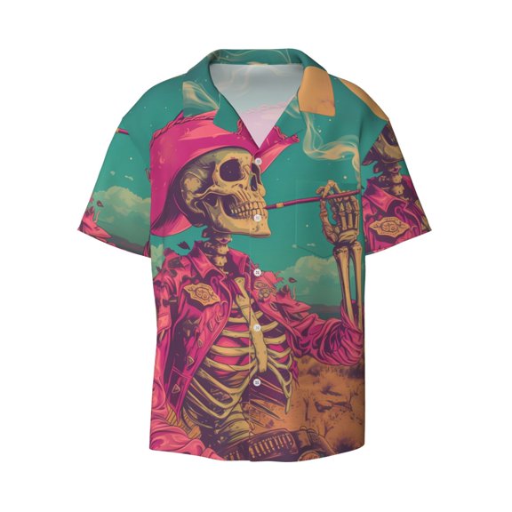 Fotbe Western Desert Skull Cowboy (2) print Short Sleeve Button Down Shirts for Men Casual Summer Beach Wrinkle Free Shirt-Large