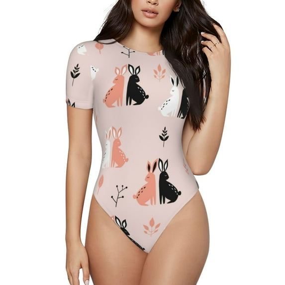 Fotbe White And Black Rabbit Women's Crew Neck Short Sleeves Bodysuit Tops Round Neck Slim Sleeveless Soft Comfortable Basic-Large