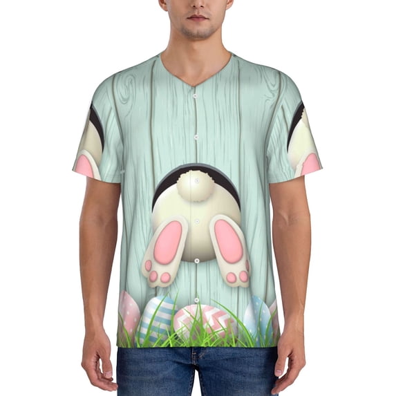 Fotbe White Bunny Bottom And Easter Eggs Baseball Jersey Shirt for Men and Women, Casual Short Sleeves Button Down T-Shirt-XX-Large
