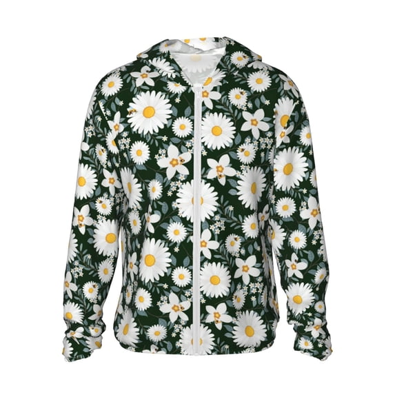 Fotbe White Daisies and Bee Men's Women's UPF 50+ Sun Protection Jacket Hooded Cooling Shirt with Pockets Hiking Outdoor Performance-Small