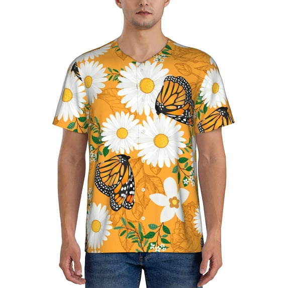 Fotbe White Floral and Butterflies Baseball Jersey Shirt for Men and Women, Casual Short Sleeves Button Down T-Shirt-Medium