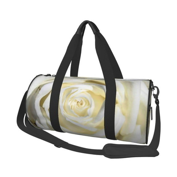 Fotbe White Rose Pattern Foldable Sports Gym Bag with Wet Dry Pocket, Ultralight Travel Bag, Large Capacity Duffel Bag, Splash Proof Carry on Bag, Overnight Bag, Weekender Bag