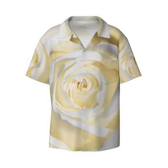 Fotbe White Rose print Short Sleeve Button Down Shirts for Men Casual Summer Beach Wrinkle Free Shirt-Large