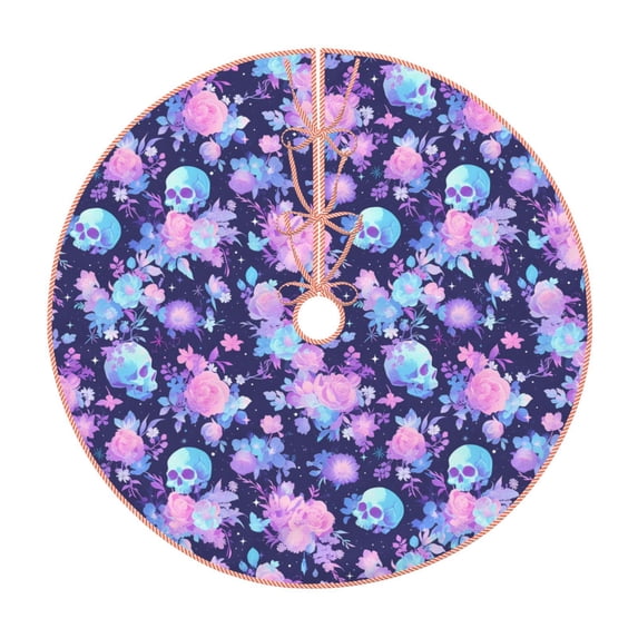 Fotbe White Skull Flower Pattern Christmas Tree Skirt, Tree Skirts Plush Christmas Decorations, Christmas Tree Skirts Xmas Decorations Holiday Party Decor-48"