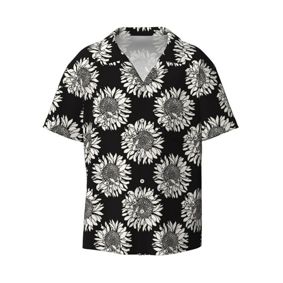 Fotbe White Sunflowers print Short Sleeve Button Down Shirts for Men Casual Summer Beach Wrinkle Free Shirt-Large