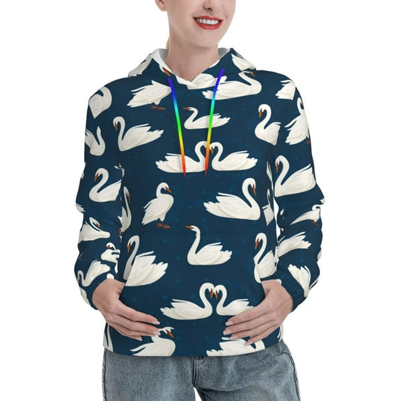 Fotbe White Swam Pattern Womens Long Sleeve Hoodie, Pullover Hooded Sweatshirt, Kangaroo Pocket Hoodie with Eye-catching Drawstrings-Small