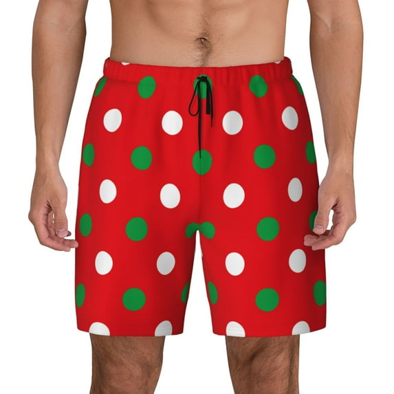 Fotbe White and Green Polka Dot Men’s Swim Trunks Quick Dry Swim Shorts Board Shorts with Mesh Lining-Medium