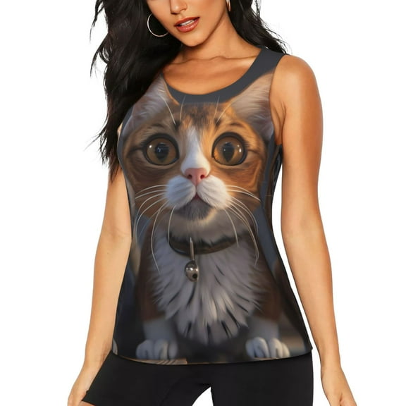 Fotbe Wide Eyed Cartoon Cats Womens Loose Fit Casual Flowy Slim-Fit Tank Tops Athletic Round Neck Trendy Sleeveless Summer Tops for Gym and Yoga-Small