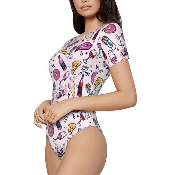 Fotbe Wine Women's Crew Neck Short Sleeves Bodysuit Tops Round Neck Slim Sleeveless Soft Comfortable Basic-X-Large