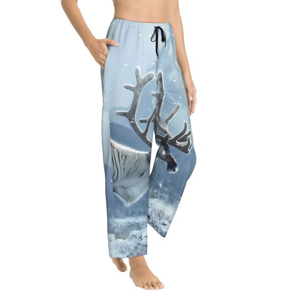 Fotbe Winter Reindeer In Snowy Mountains Women's Pajama Pants,Sleepwear Pants,Pj Bottoms Drawstring And Pockets-Medium