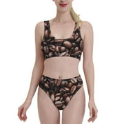 Fotbe Women'S Coffee Bean Print Bikini High Waisted Swimsuit Two Piece Bathing Suit Swimming Suit Swimwear