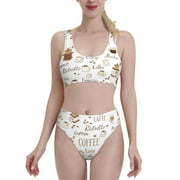 Fotbe Women'S Coffee Print Bikini High Waisted Swimsuit Two Piece Bathing Suit Swimming Suit Swimwear