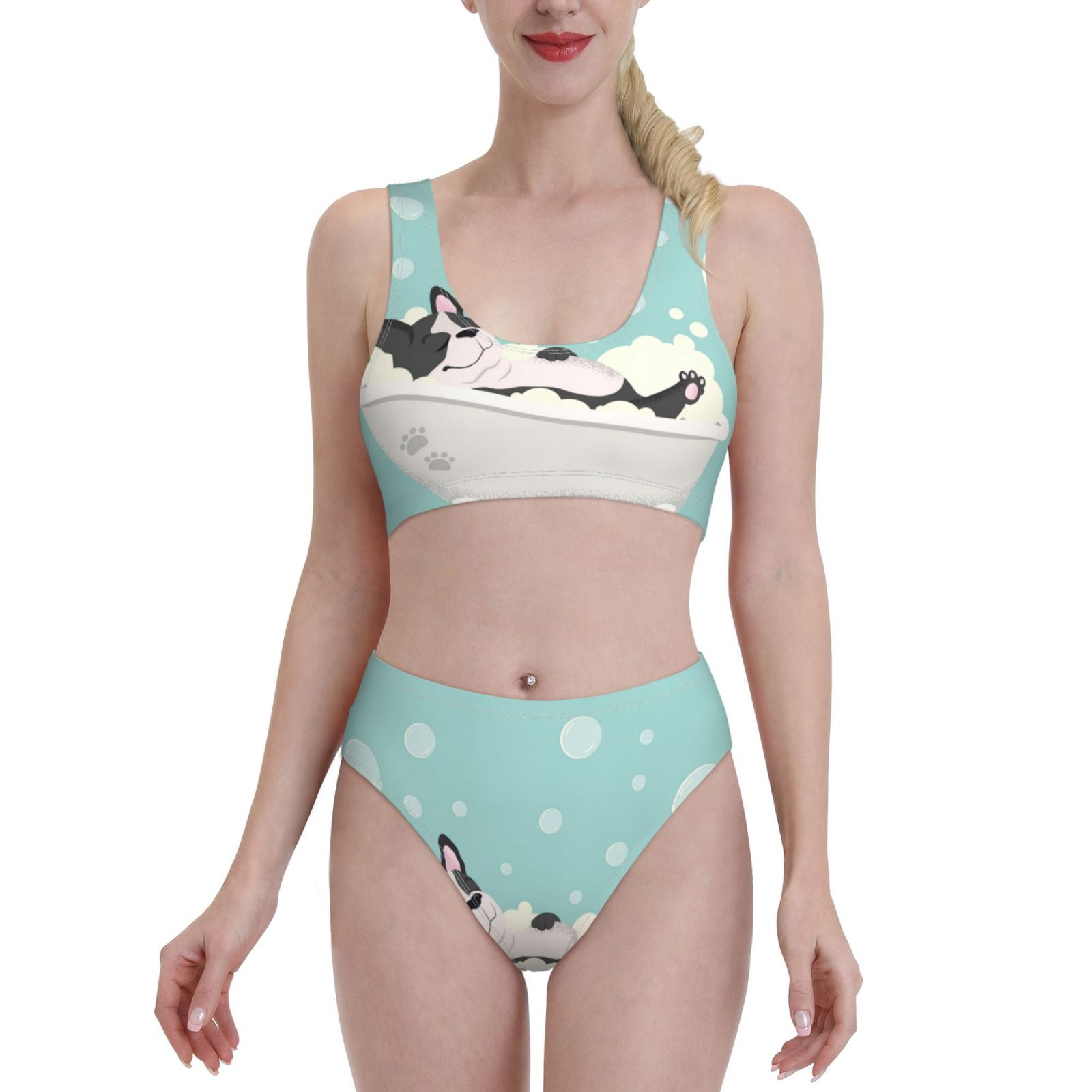 Fotbe Women S French Bulldog Taking A Bath Print Bikini High Waisted Swimsuit Two Piece Bathing Suit Swimming Suit Swimwear Walmart