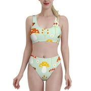 Fotbe Women'S Mushroom Bee Print Bikini High Waisted Swimsuit Two Piece Bathing Suit Swimming Suit Swimwear