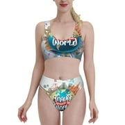 Fotbe Women'S Travel Around The World Print Bikini High Waisted Swimsuit Two Piece Bathing Suit Swimming Suit Swimwear