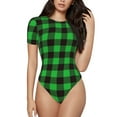 thumbnail image 1 of Fotbe Women Short Sleeve Bodysuit Round Neck Buffalo Plaid Green Black Bodysuit For Women Round Neck Scoop Neck Long Sleeve Stretch Tops Jumpsuit-Large, 1 of 9