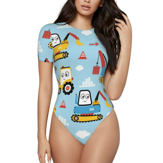 Fotbe Women Short Sleeve Bodysuit Round Neck Building Truck Bodysuit For Women Round Neck Scoop Neck Long Sleeve Stretch Tops Jumpsuit-Large