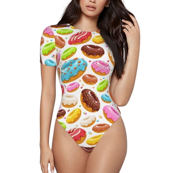 Fotbe Women Short Sleeve Bodysuit Round Neck Color Donut Bodysuit For Women Round Neck Scoop Neck Long Sleeve Stretch Tops Jumpsuit-Xx-Large