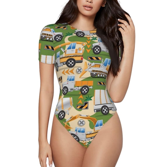 Fotbe Women Short Sleeve Bodysuit Round Neck Construction Machinery1 Bodysuit For Women Round Neck Scoop Neck Long Sleeve Stretch Tops Jumpsuit-Large