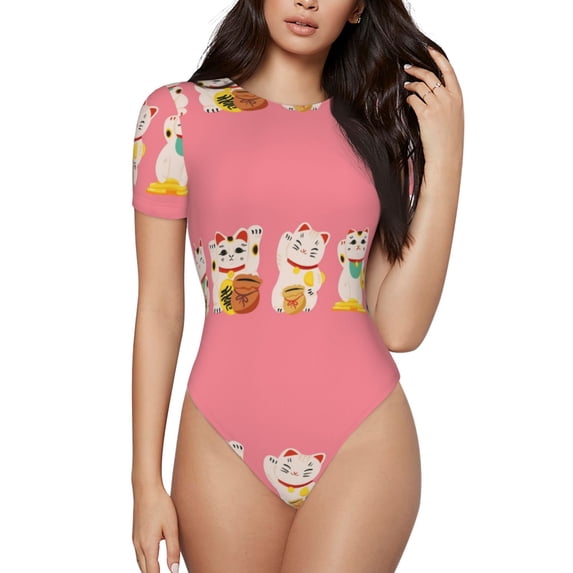 Fotbe Women Short Sleeve Bodysuit Round Neck Cute Cat Bodysuit For Women Round Neck Scoop Neck Long Sleeve Stretch Tops Jumpsuit-Large