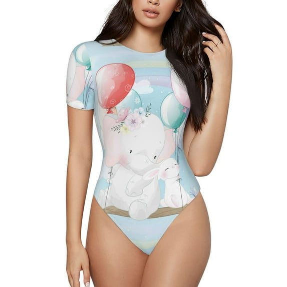 Fotbe Women Short Sleeve Bodysuit Round Neck Cute Elephant Bodysuit For Women Round Neck Scoop Neck Long Sleeve Stretch Tops Jumpsuit-Medium