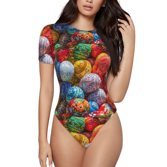 Fotbe Women Short Sleeve Bodysuit Round Neck Easter Eggs Bodysuit For Women Round Neck Scoop Neck Long Sleeve Stretch Tops Jumpsuit-Xx-Large