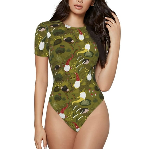 Fotbe Women Short Sleeve Bodysuit Round Neck Gnomes Playing In The Garden Bodysuit For Women Round Neck Scoop Neck Long Sleeve Stretch Tops Jumpsuit-Small