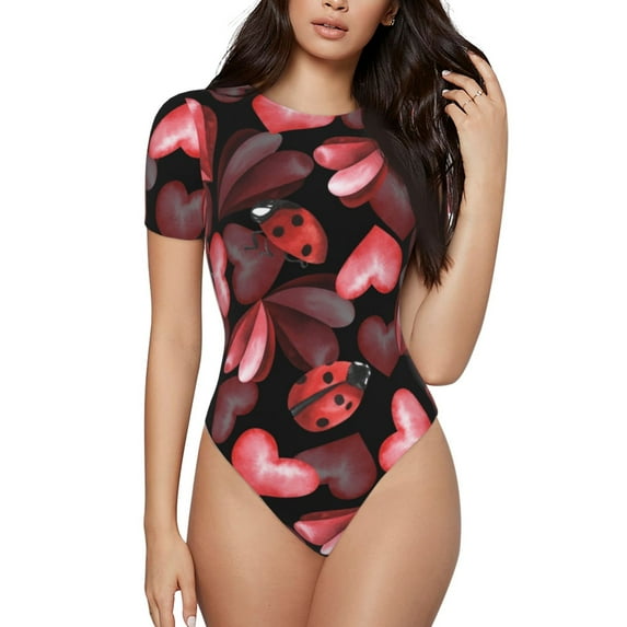 Fotbe Women Short Sleeve Bodysuit Round Neck Ladybugs And Red Hearts Bodysuit For Women Round Neck Scoop Neck Long Sleeve Stretch Tops Jumpsuit-Xx-Large
