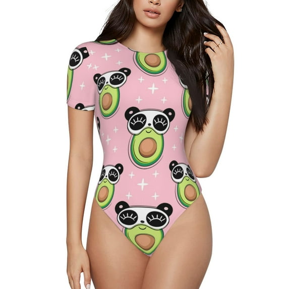 Fotbe Women Short Sleeve Bodysuit Round Neck Panda Avocado Bodysuit For Women Round Neck Scoop Neck Long Sleeve Stretch Tops Jumpsuit-X-Large