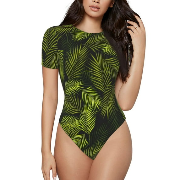 Fotbe Women Short Sleeve Bodysuit Round Neck Tropical Palm Leaves Fern Leaf Bodysuit For Women Round Neck Scoop Neck Long Sleeve Stretch Tops Jumpsuit-Xx-Large