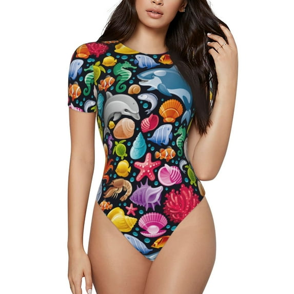 Fotbe Women Short Sleeve Bodysuit Round Neck Underwater Diving Animals Bodysuit For Women Round Neck Scoop Neck Long Sleeve Stretch Tops Jumpsuit-X-Large