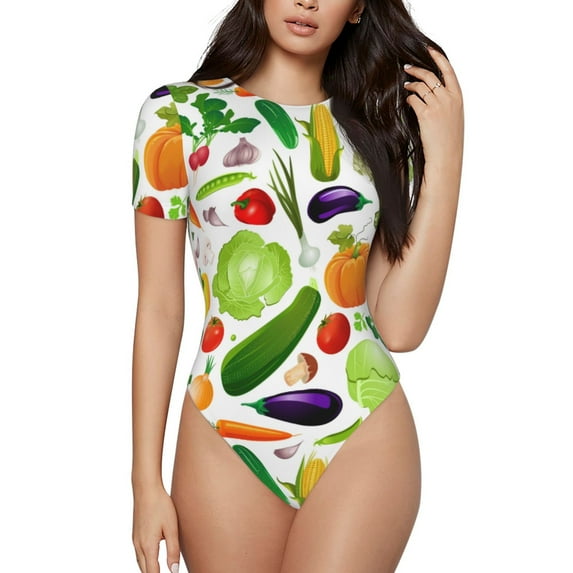 Fotbe Women Short Sleeve Bodysuit Round Neck Vegetables2 Bodysuit For Women Round Neck Scoop Neck Long Sleeve Stretch Tops Jumpsuit-Large