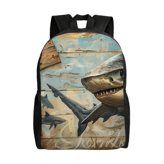 Fotbe Wood Grain Shark Travel Laptop Backpack, Business Slim Sturdy Laptops Backpack, Water Resistant College School Computer Bag Gift for Men & Women Fits 15.6 Inch Notebook