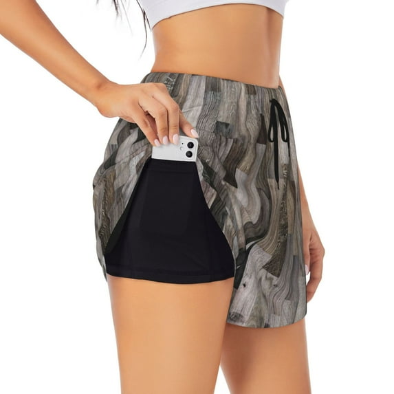 Fotbe Wooden Texture Womens High Waist Running Shorts Athletic Workout Quick Dry Shorts for Women with Pockets Gym Yoga Summer Shorts-XX-Large