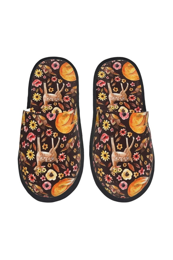 Woodland Creatures Floral Pattern Women's Fuzzy Slippers Plush Slippers Fluffy Winter House Shoes Indoor and Outdoor-Large