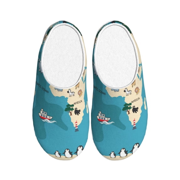 Fotbe World Map With Animal Pattern Women's Fuzzy Curly Fur Memory Foam Loafer Slippers Indoor Outdoor Slippers Winter Home Shoes-46/47