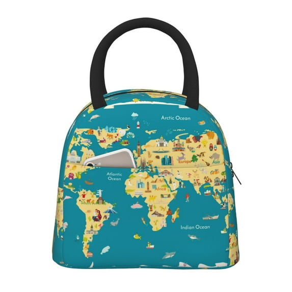 Fotbe World Map With Landmarks Pattern Lunch Bag, Insulated Lunch Box, Small Leakproof Cooler Food Lunch Containers Reusable High Capacity Lunch Tote Bags for Work, Travel, Outdoor