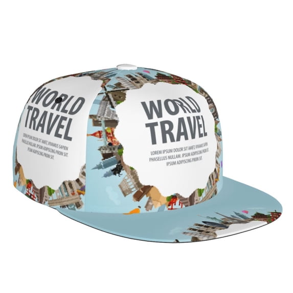 Fotbe World Travel Flat Bill Visor Cap Classic Snapback Hat Polyester Foam Trucker Hat Trucker Cap Adjustable Baseball Cap