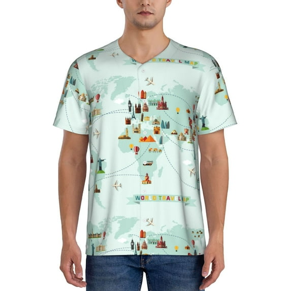 Fotbe World Travel Map Baseball Jersey Shirt for Men and Women, Casual Short Sleeves Button Down T-Shirt-XX-Large