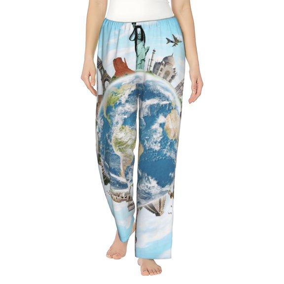Fotbe World Travel Women's Pajama Pants,Sleepwear Pants,Pj Bottoms Drawstring And Pockets-Small