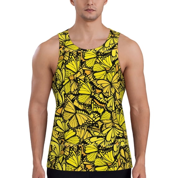 Fotbe Yellow Butterflies Pattern Men's Quick Dry Workout Tank Top Gym Muscle Tee Fitness Bodybuilding Sleeveless T Shirt Breathable Workout Shirt-X-Large