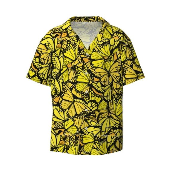 Fotbe Yellow Butterflies print Short Sleeve Button Down Shirts for Men Casual Summer Beach Wrinkle Free Shirt-4X-Large