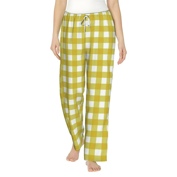 Fotbe Yellow Checkboard Women's Pajama Pants,Sleepwear Pants,Pj Bottoms Drawstring And Pockets-X-Large