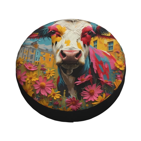 Fotbe Yellow Daisy Cow Spare Tire Cover Thickening Universal Fit for Jeep, Trailer, RV, SUV, Truck, Tough Tire Wheel Soft Cover-15 inch