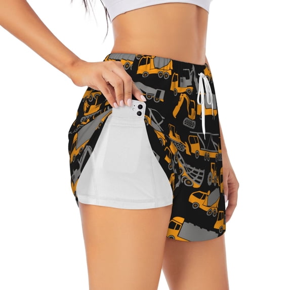 Fotbe Yellow Excavator Womens High Waist Running Shorts Athletic Workout Quick Dry Shorts for Women with Pockets Gym Yoga Summer Shorts-Medium
