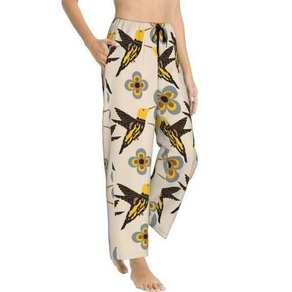 Fotbe Yellow Flowers Hummingbird Women's Pajama Pants,Sleepwear Pants,Pj Bottoms Drawstring And Pockets-Small