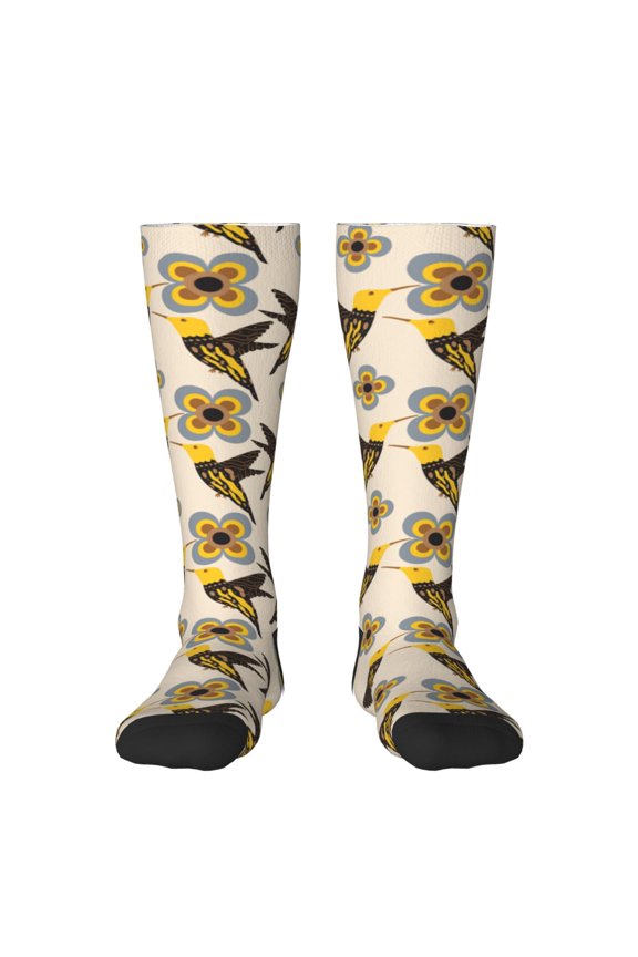 Yellow Flowers Hummingbird print Women's Men's Novelty Crew Socks Cotton Socks Knee High Socks for Walking,Running,Nurses,Pregnancy