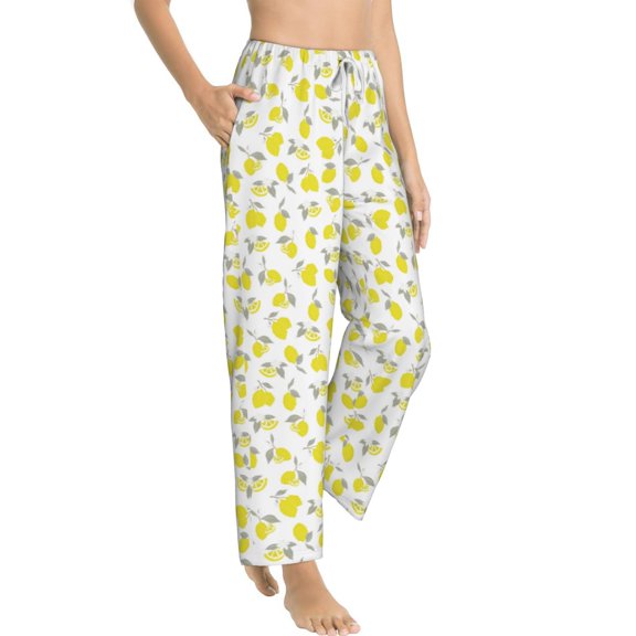 Fotbe Yellow Lemon Leaves Women's Pajama Pants,Sleepwear Pants,Pj Bottoms Drawstring And Pockets-XX-Large
